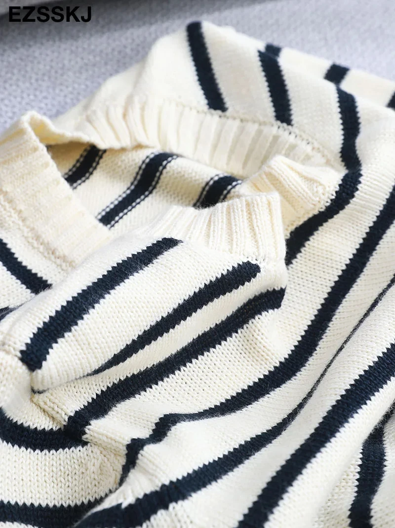 o-neck Black white stripe Loose Long sleeve sweaters 2022 women\'s sweater female cotton chic female loose women\'s jumper pull