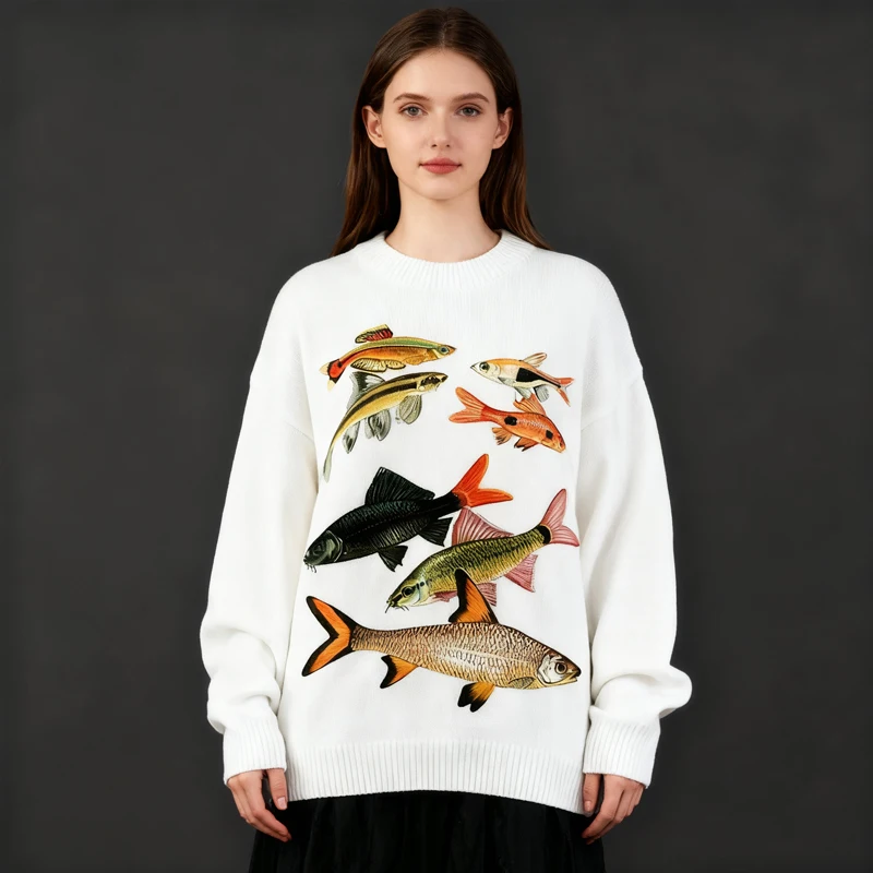 

y2k Свитер с рисунком белой рыбы, уличная одежда унисекс в стиле ретро, вязаный пуловер большого размера, осенне-зимний повседневный топ