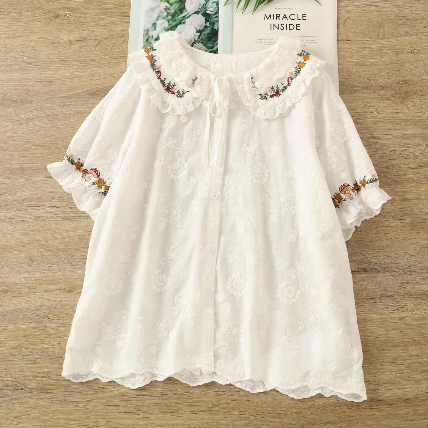 Dolce lolita abbigliamento ragazza della foresta Giappone stile cotone kawaii colletto alla Peter Pan pizzo ricama camicie e camicette donna top carini