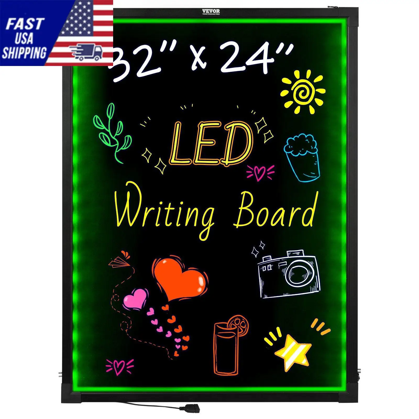 

LED Message Writing Board, 32"x24" Illuminated Erasable Lighted Chalkboard, Neon Effect Menu Sign Board, Drawing Board wit