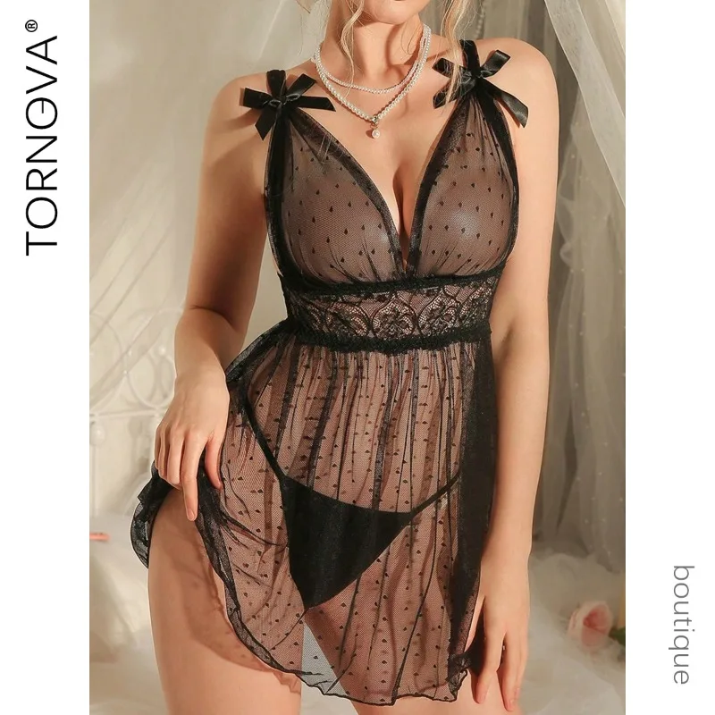 

Tornova Women Erotic Sleeping Skirt with Panty 2PCS Lace See-through Patchwork Women Slim Plunge Sexy Seductive Hollow Dress Set