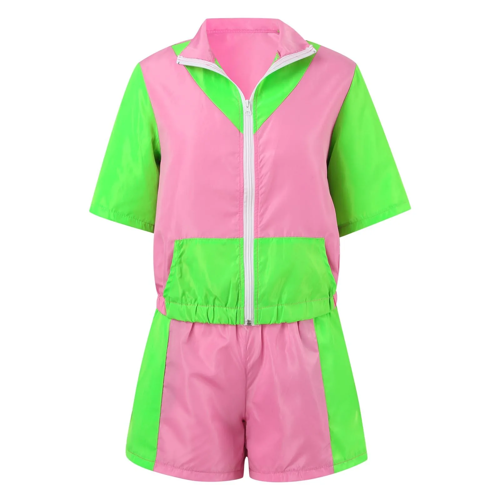 Adult Women And Man 80s Tracksuit Retro Hip Hop Style Disco Tracksuit Set Colorblock Long Sleeve Top And Shorts Two Piece Suits