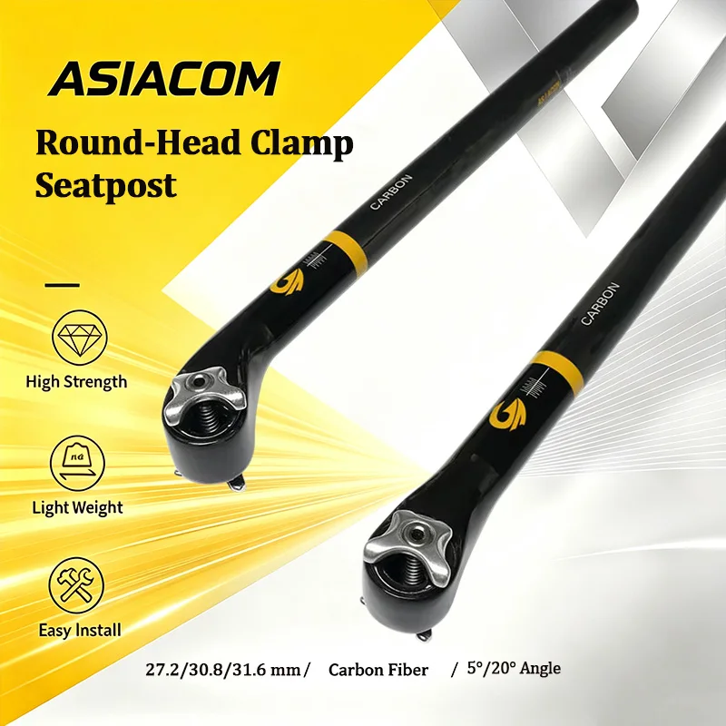 Genuine ASIACOM Full Carbon Fiber Round Head Seatpost, 27.2/30.8/31.6 mm, for Mountain & Road Bicycle