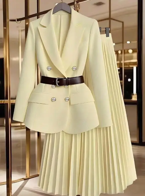 여성 투피스 세트 2025 가을 겨울 패션 기품 있는 재킷 플리츠 스커트 세트 심플 출퇴근 우아한 투피스 세트