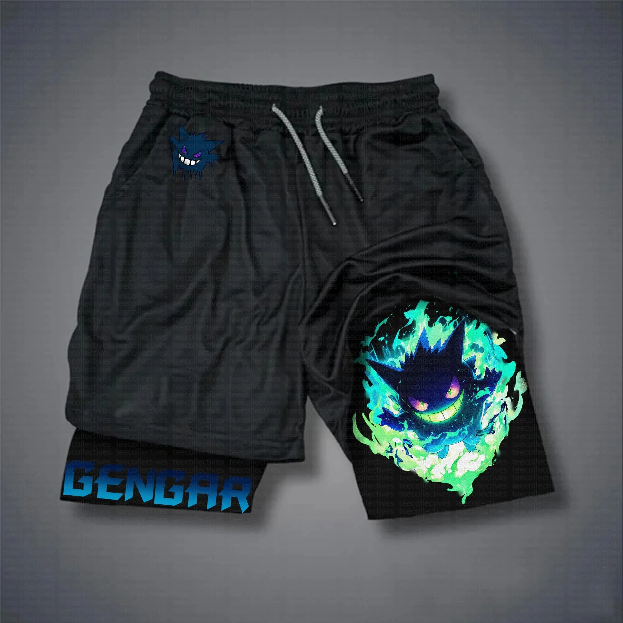 بوكيمون جينجار شورت رجالي قطن بنطلون رياضي 2025 قيعان جرافيك صيفية قاعدة سوداء شخصية جينجار البط البري اللهب متوهجة العين