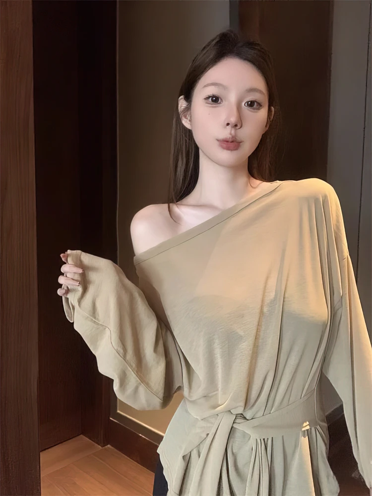 Bandage Off Shoulder See Through Long Sleeve T Shirt Women Summer Thin Loose Casual Sunscreen Clothes Oversize Top One Shoulder