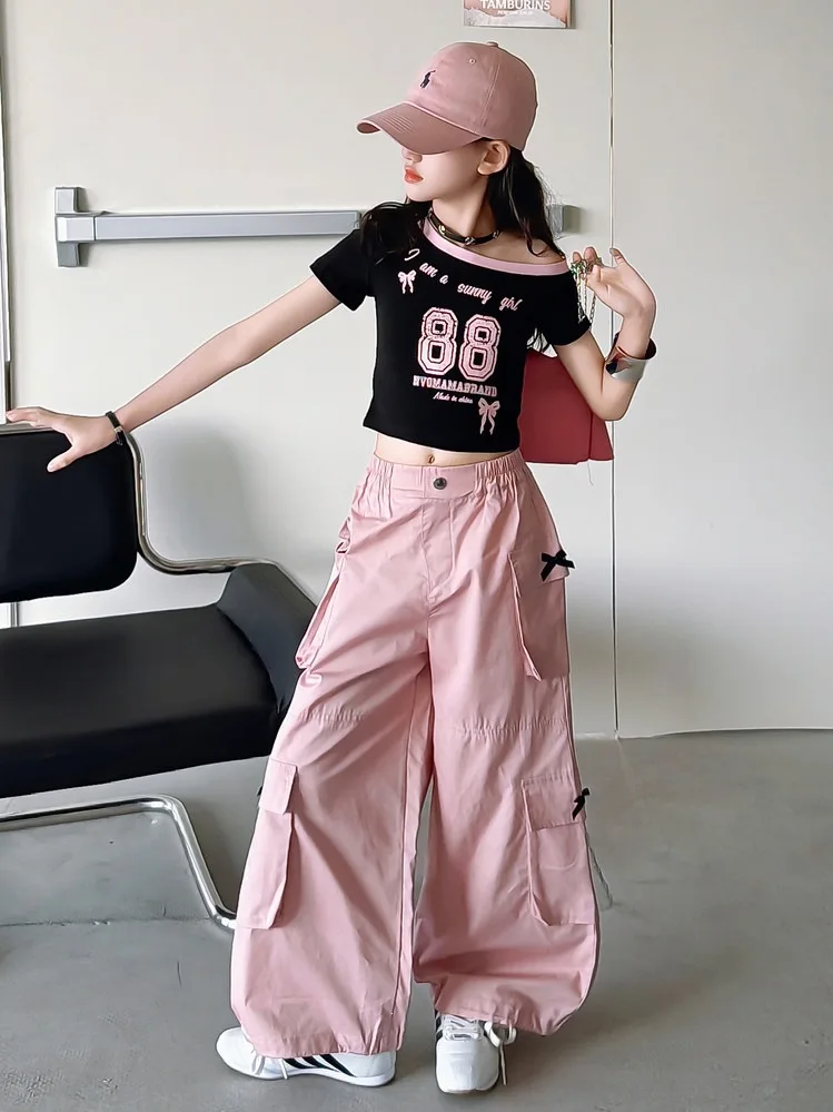 Girls' Jazz Dance T-shirt 2026 Summer New Short Sleeved T-shirt Work Pants Children's Street Dance Show Trendy Cool Clothes