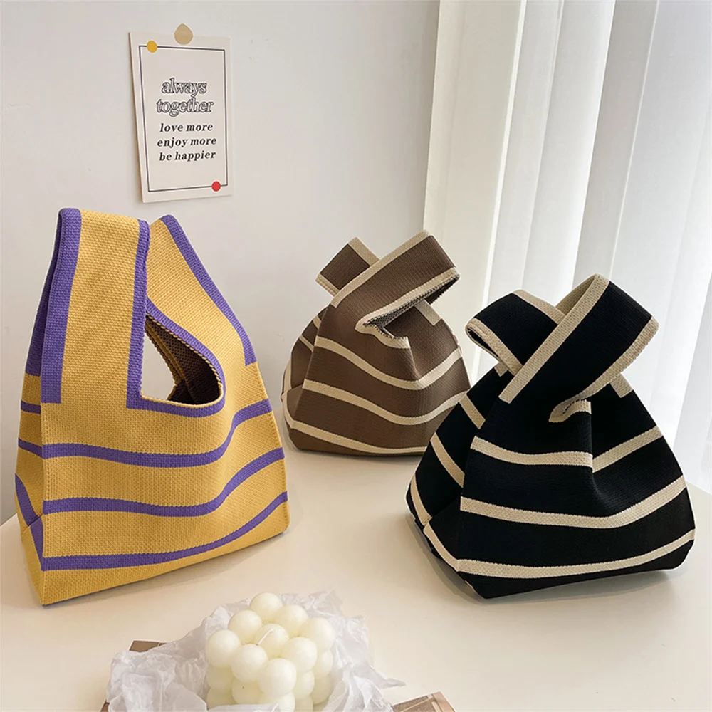 New Wide Striped Handmade Knitted Handbag Minimalist Korean Women Mini Knot Wrist Bag Tote Bag Student Reusable Shopping Bags