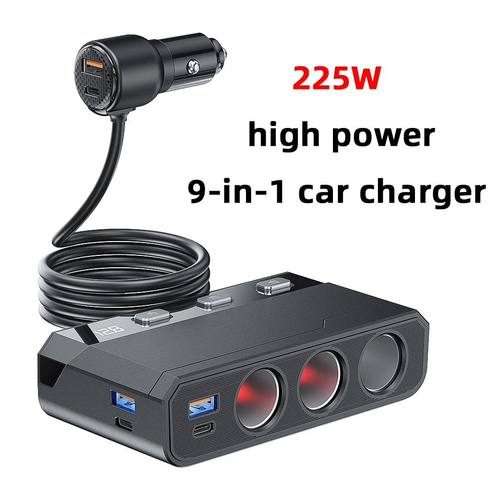 

225W cigarette lighter splitter PD45W/QC3.0 30W * 3 charging 3 socket adapter LED voltage car charger 12V/24V fast charging