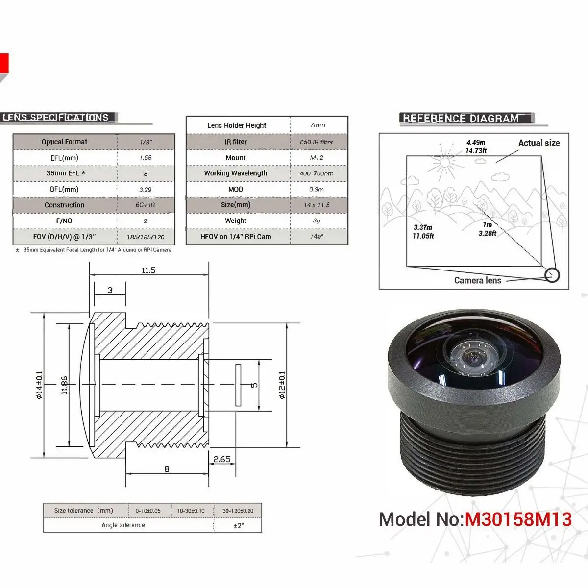 

Arducam 1/3" M12 Mount 1.58mm Focal Length Fisheye Lens M30158M13