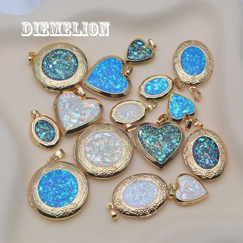 

5Pcs Oval/Round/Heart Shape Rainbow Fire Opal Photo Locket Frame Reliquary Photo Frame Pendants for Jewelry Making Accessories