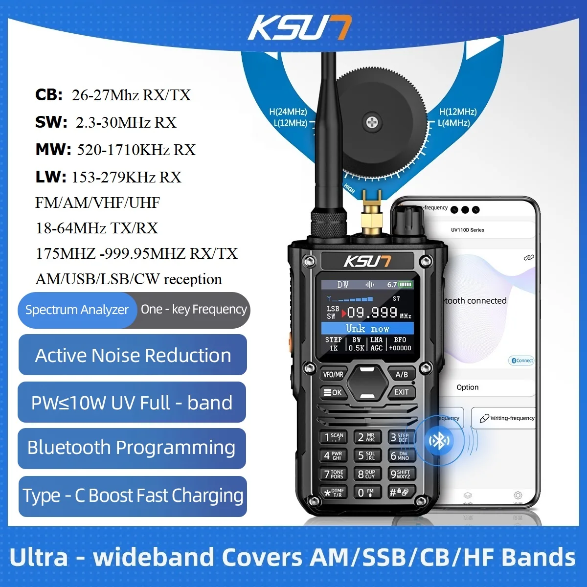 

26-27mhz CB Radio Station Long Range All-band AM SW SSB HF VHF UHF Radio HAM Transceiver Amateur Walkie Talkie KSUT HF123D