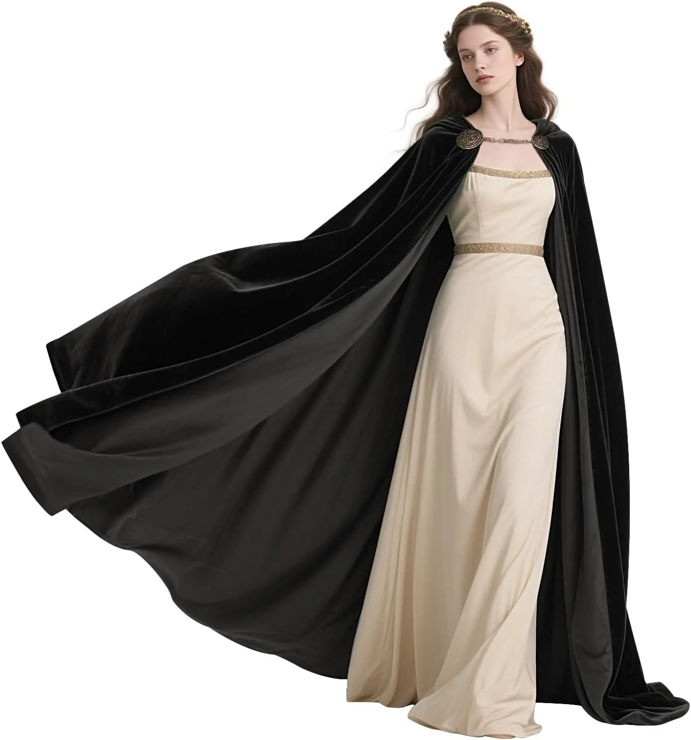 كيب الفايكنج بغطاء للرأس - عباءة عصر النهضة السوداء في العصور الوسطى مع غطاء للرأس، ومشبك سلسلة للهالوين، والمناسبات التنكرية والأزياء التنكرية #1