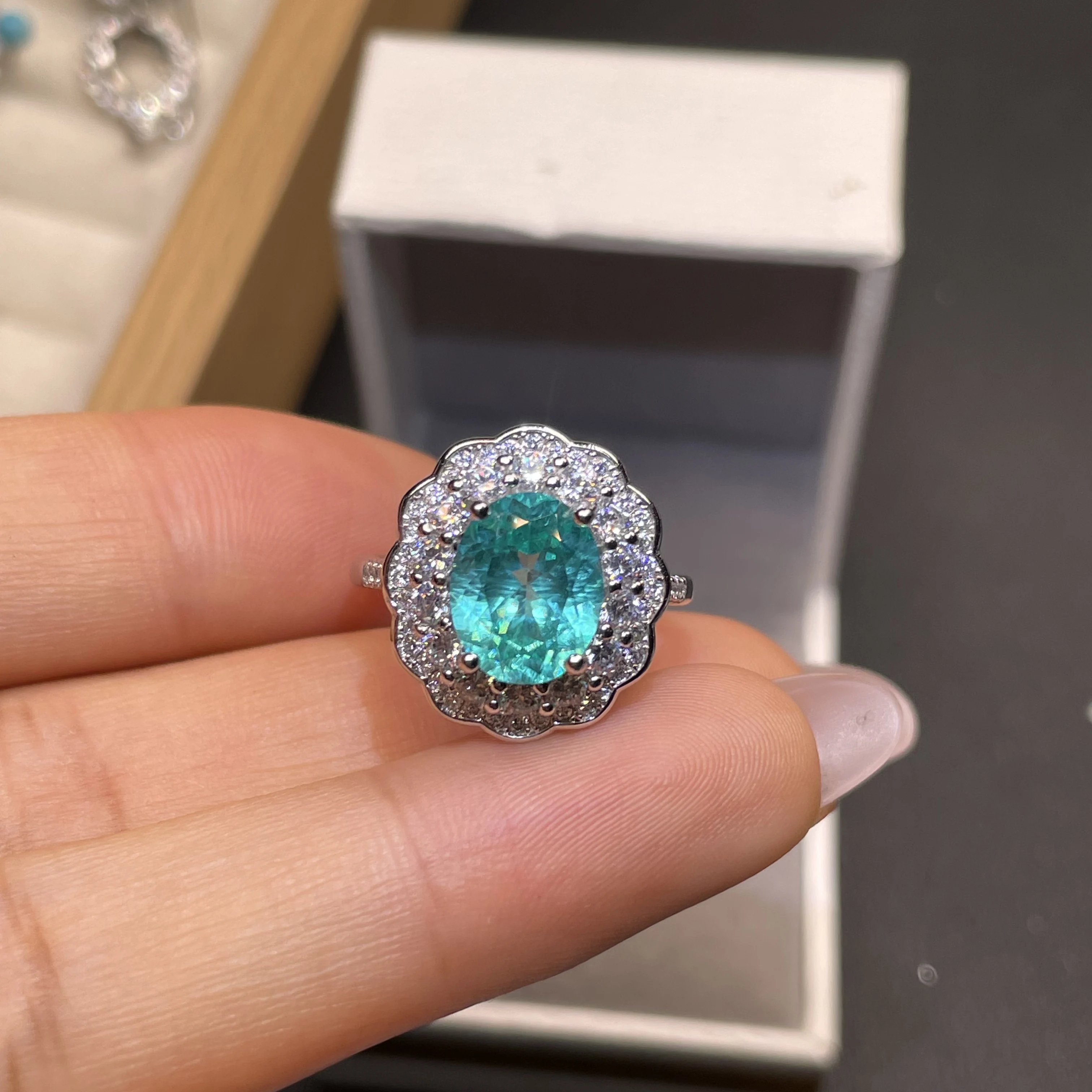Natural Paraiba gemstone 925 silver flower design luxurious ring - perfect engagement jewelry for a grand party or as a gift