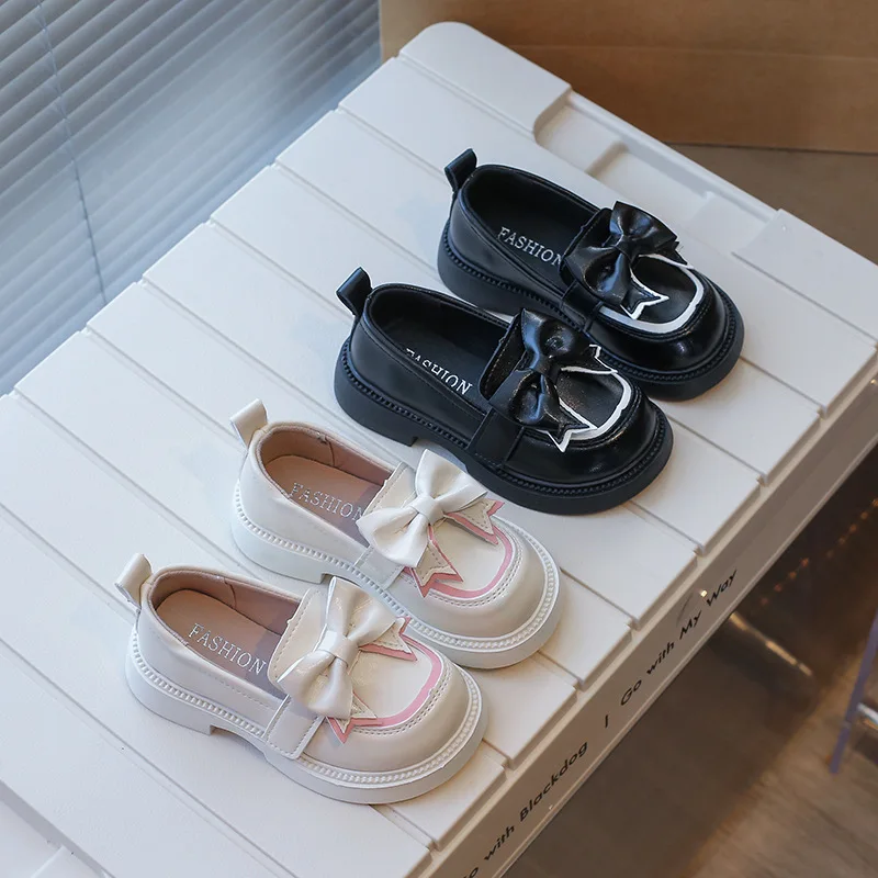

British Style Children Leather Shoes for Girl 2024 Spring New Bow Princess Comfortable Non Slip Soft Sole Children's Single Shoe