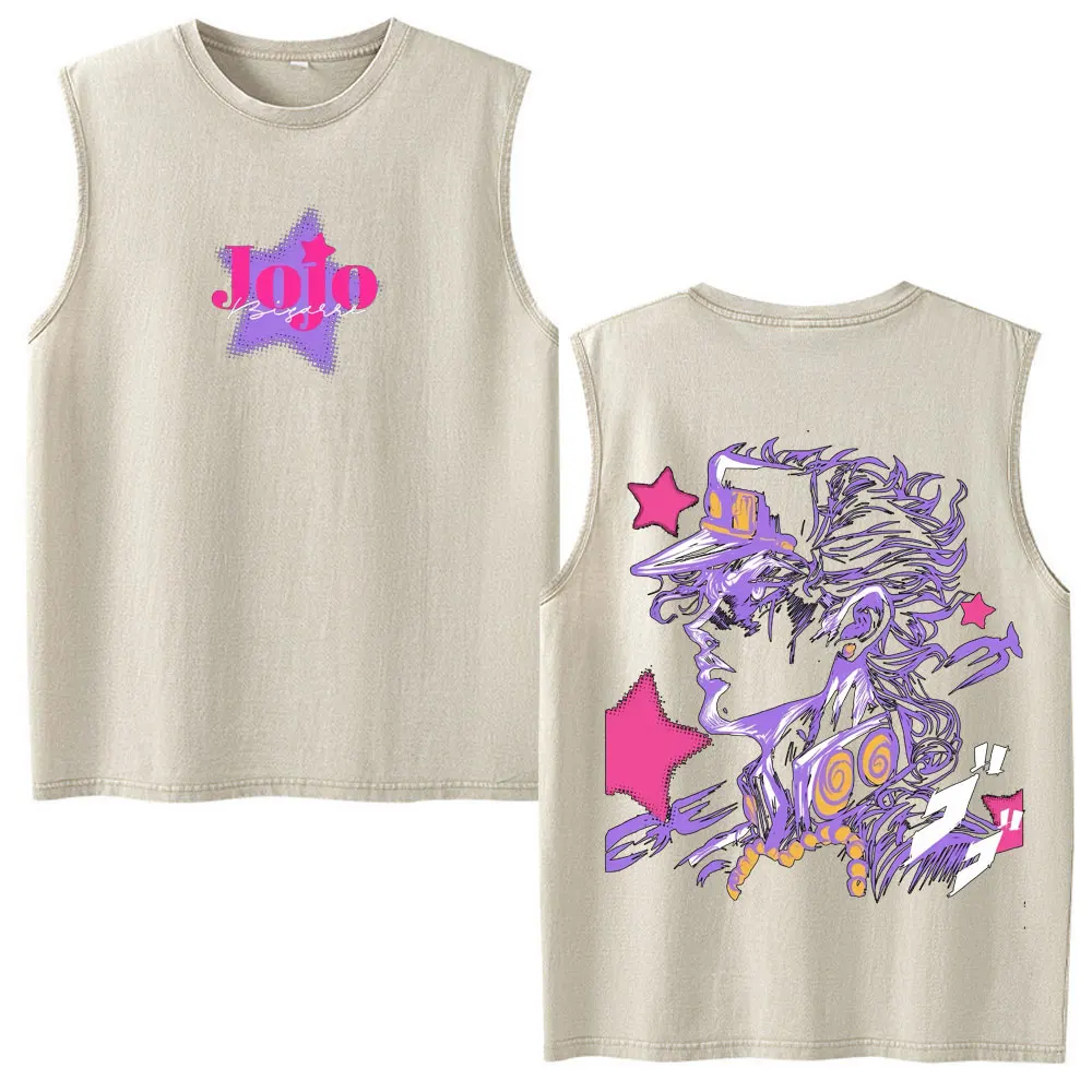 Anime JoJo Bizarre Adventure Kujo Jotaro Vintage Washed Tank Tops Men Women Clothing Cotton Sleeveless Vest T-shirts Streetwear view 2