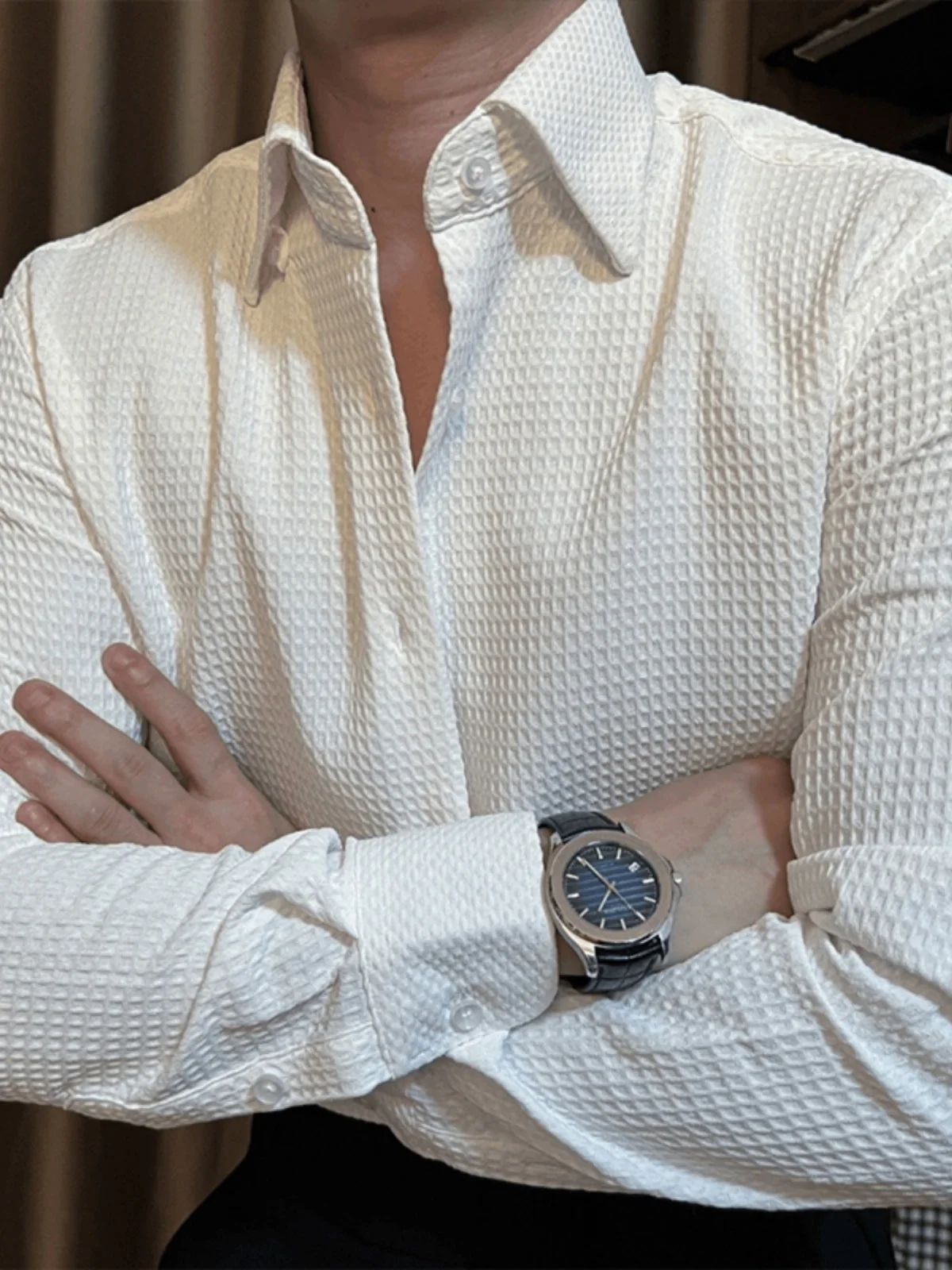 

Briti Sle Men's Long Sve irt Commute Busin Casual White Wfle Pattern Slim Fit irt Youth Daily Wear