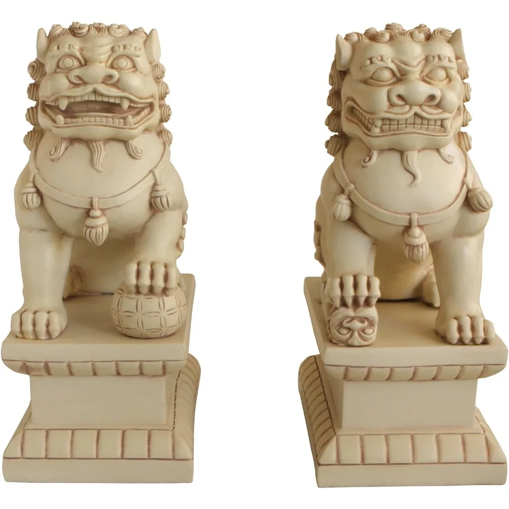 Garden Pair Statue with Stone Finish, Pair of Two Lions, Garden Decor, Indoor Outdoor Placement, Feng Shui Decor, Lions Statue