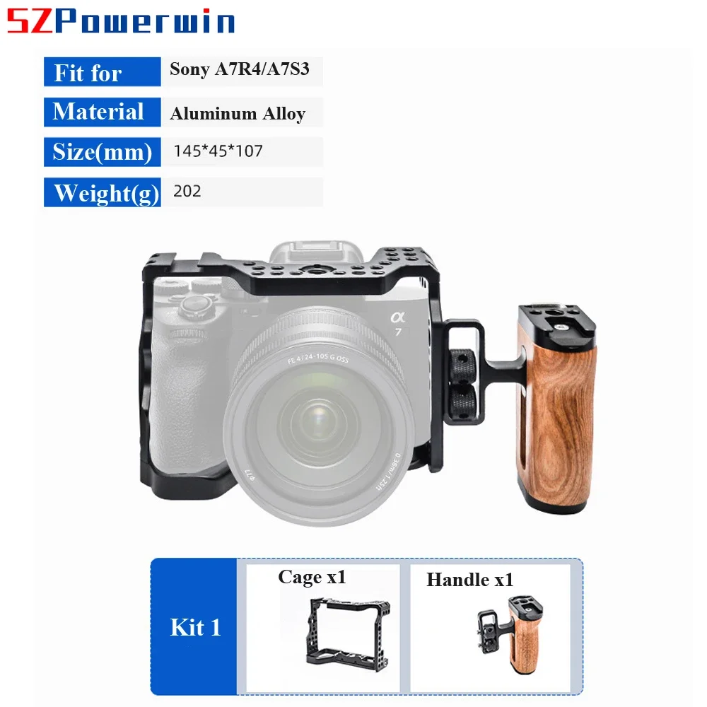 Powerwin Camera Cage For Sony A7R4 A7M4 A74 A7S3 with wooden Handle Kit Aluminum Alloy Multifunctional Arri Locating Screw