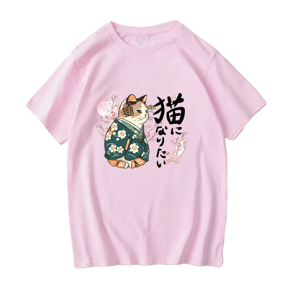 Ukiyoe Kanji Cat Japanese Style T-shirt Blossom Sakura Pink Tee-shirt Cotton High Quality Girls Tshirts Short Sleeve Casual Tees