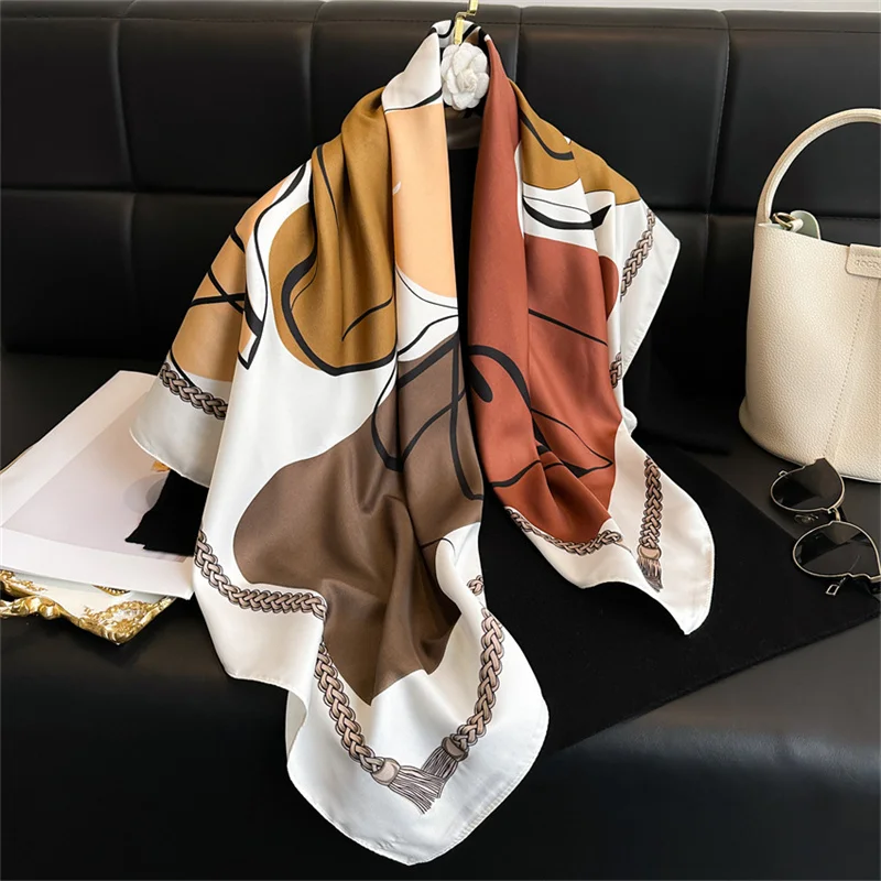 New Simple Printed Silk Scarf 90cm Twill Scarf Women Korean Style Large Square Scarf Sunscreen Shawl Headscarf Female Luxury