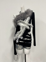 Y2k Aesthetic Fur Patchwork Skew Collar Sexy T-shirts Harajuku Lace Cross Slim Tops Women Streetwear Grunge Hollow Out Tees