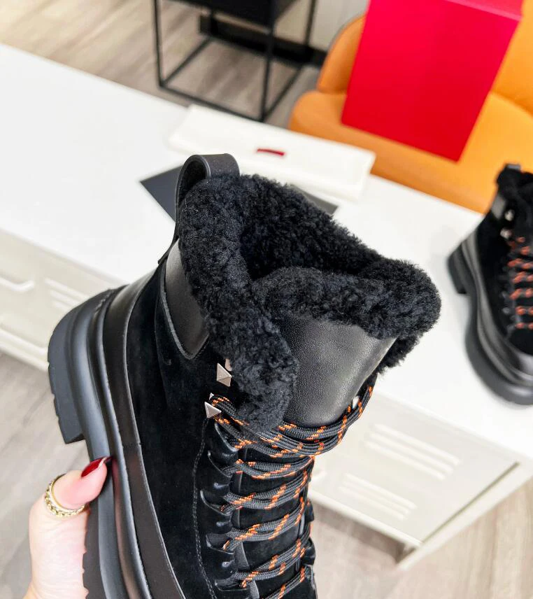 Warm Wool Fur Winter Boots Women New Arrival Lace Up Thick Sole Platform Height Increasing Cool Knight Bootie Green Brown Shoe