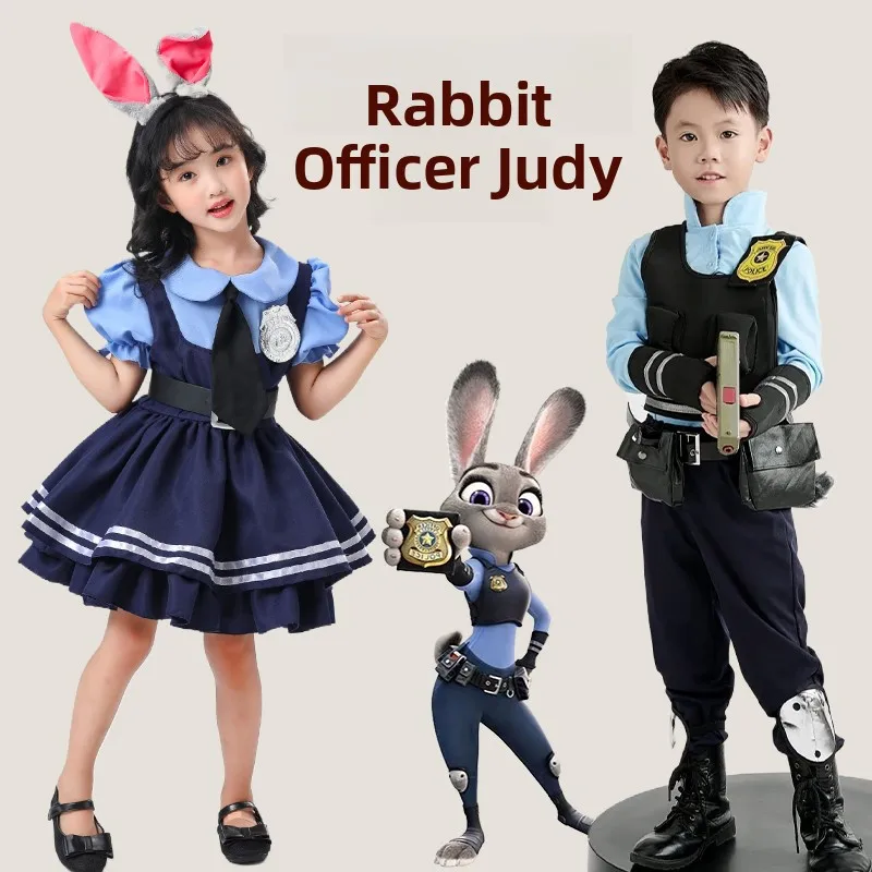 Crianças cosplay traje judy ni coelho policial roupa headwear desempenho roupas calças saia m fem versão