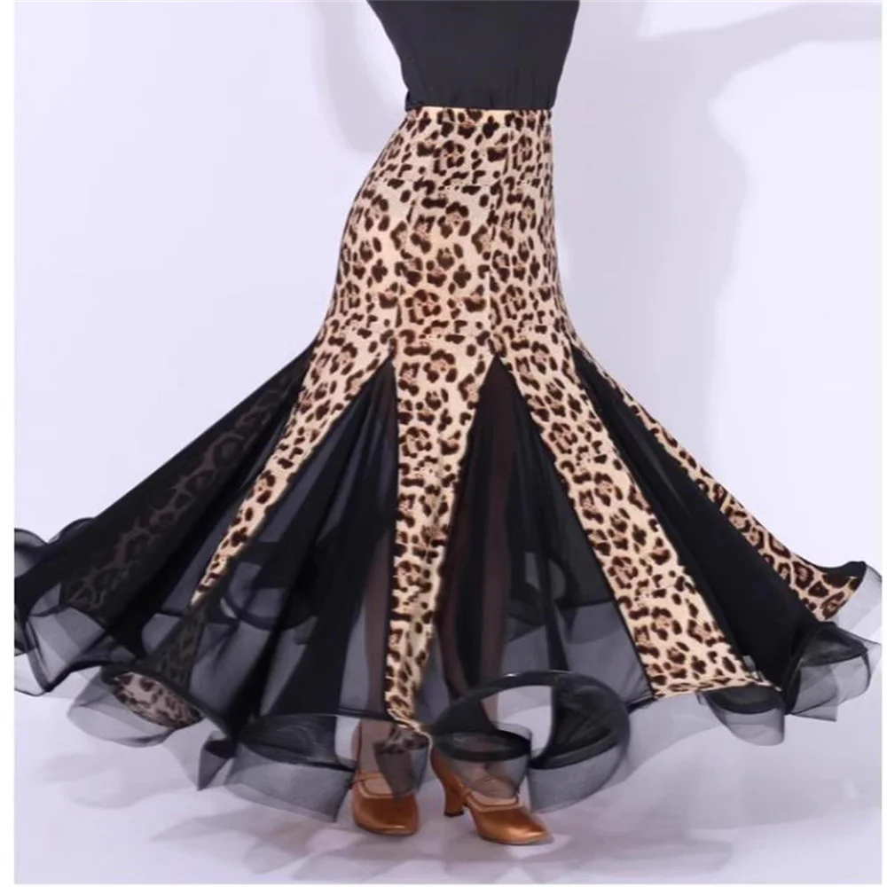 New color Leopard flamenco skirt woman fashion pleated ballroom waltz dancing long skirt lady leopard patchwork skirt