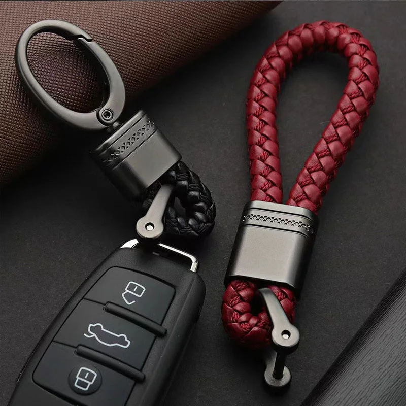 Trendy Hand-woven Leather Car Key Ring Men Women Rope Key Chain Waist Keychains Charm Metal Key Holder Unisex Fashion Jewelry