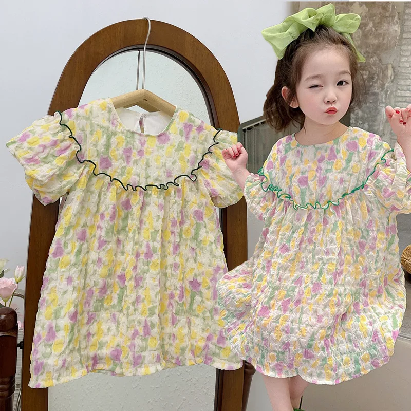 2024Summer New Children's Clothing Dress Women's Bubble Sleeve Thin Fashionable Stylish Children Princess Dress