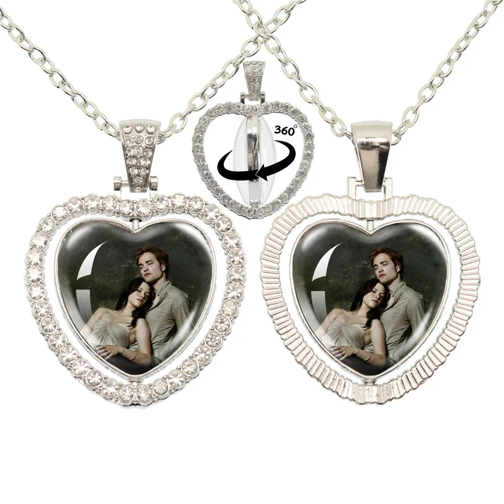 Twilight Movie Glass Heart Pendant Double Sided Necklace 360 Degree Rotation Men Women Fashion Accessories Jewelry Gift