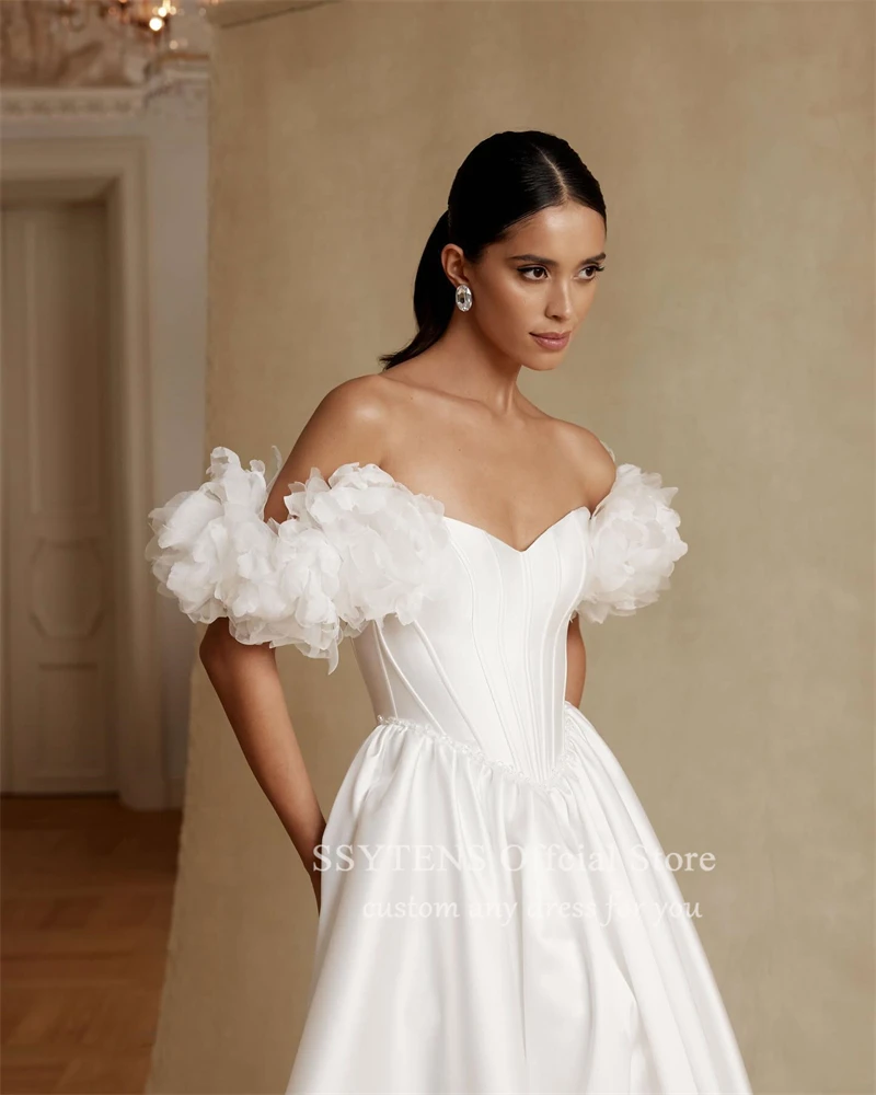 Suknie ślubne SSYTENS Ivory A Line Off the Shoulder Princess Bride Dress Custom Made Ruched Satin Long Civil Bridal Gowns Plus