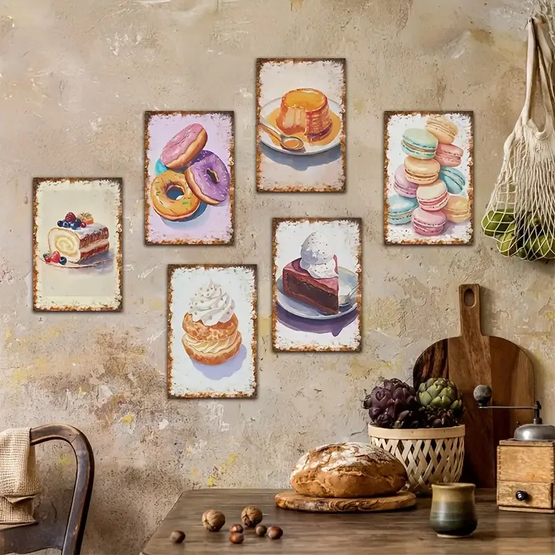 Jitlot of 6 Vintage Metal Plates on Desserts - Retro with Donuts, Macarons, Cheesecakes And Waffles, with Hanging Holes - Durabl