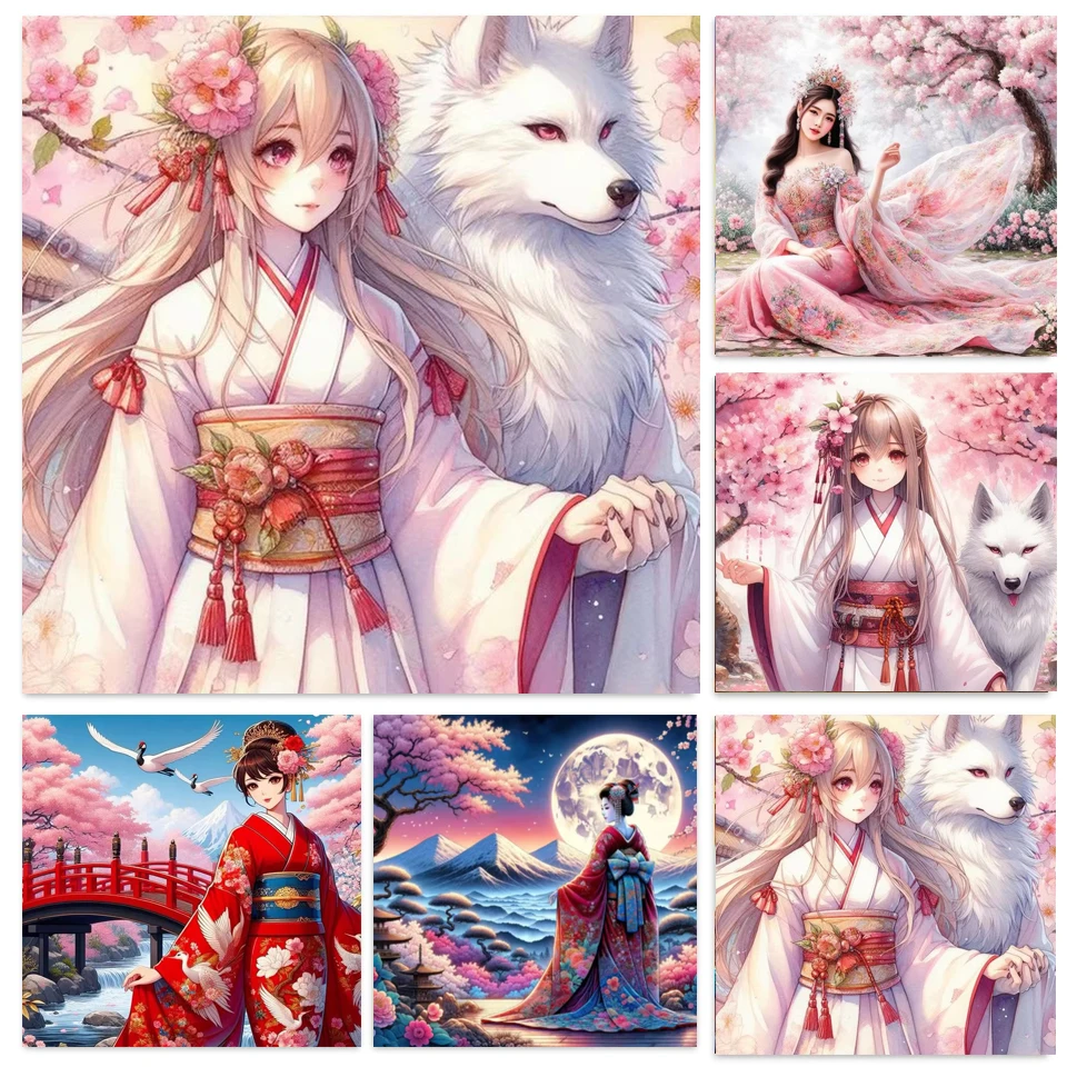 Beautiful Geisha Girl Wolf,Cherry Blossoms and Mountain Scenery Animal 5D DIY Mosaic Diamond Drawing Cross Embroidery Kit