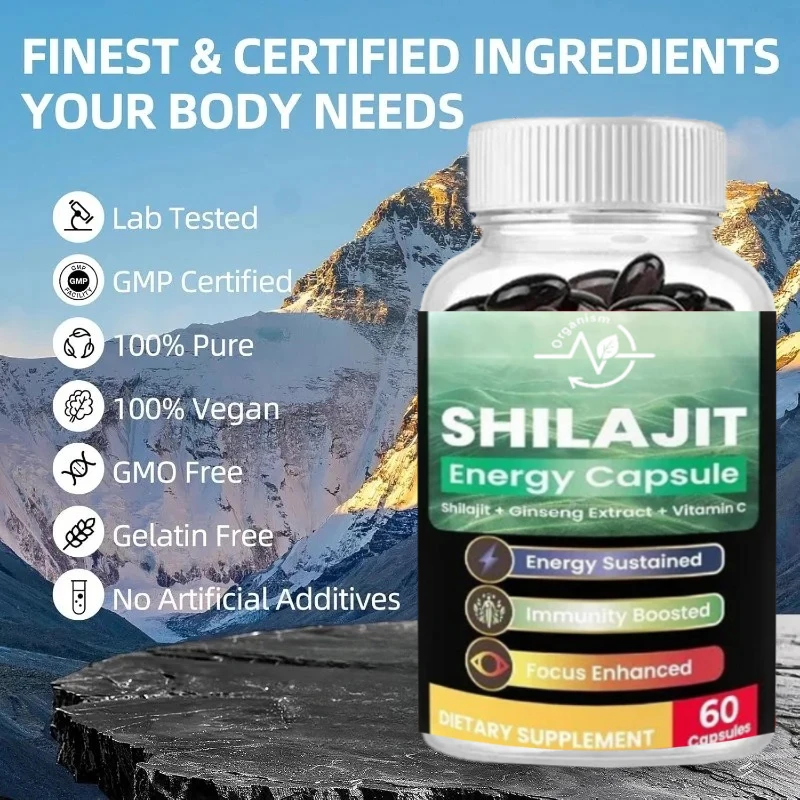 تحتوي كبسولات Shilajit على حمض رطبة طبيعي و85+ معادن، توورين، فيتامينات - الطاقة، المناعة، ودعم الصحة في الطاقة