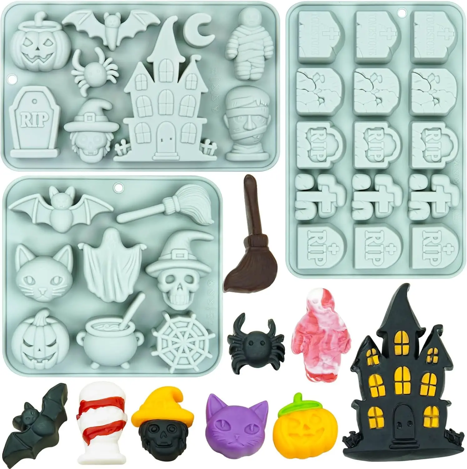 

Halloween Silicone Molds for Baking Haunted Castle Tombstone Chocolate Mold with Pumpkin Witch Spider Web Bat for Candy Cake