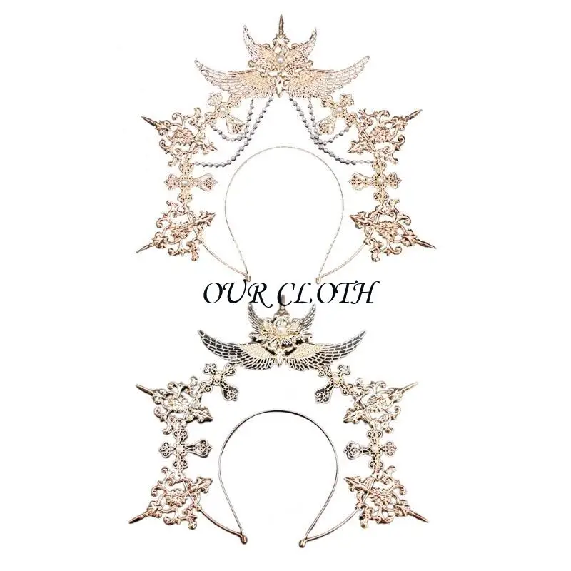 

Двухслойный обруч для волос в стиле барокко с крыльями ангела Держатель для волос на Хэллоуин с жемчужной цепочкой Y1AC
