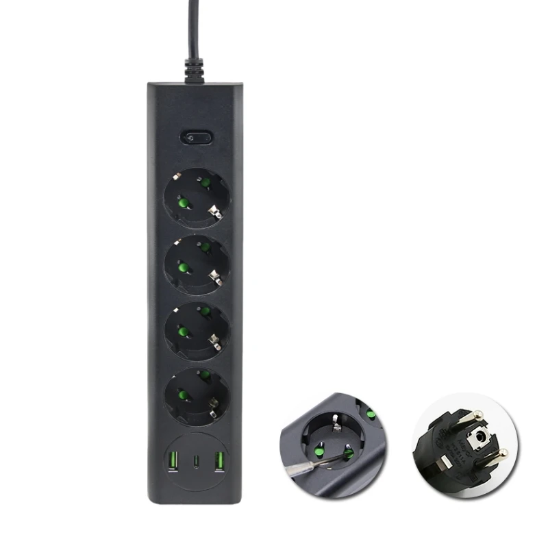 

Плата питания европейского стандарта, Удлинительный кабель длиной 2 м, плата питания с защитой от перенапряжения, 4 розетки переменного тока, 2 USB-порта типа C с защитой от перегрузки