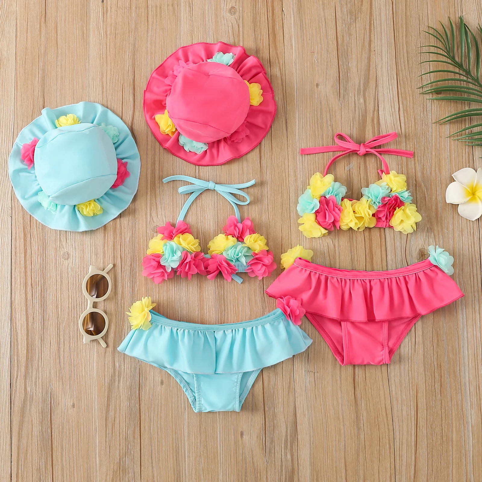 Infant Baby Girl Beach Swimsuit Flower Halter Neck Tops + Ruffle Shorts + Swim Caps 3pcs Bikini Set Summer Swimwear Bathing Suit