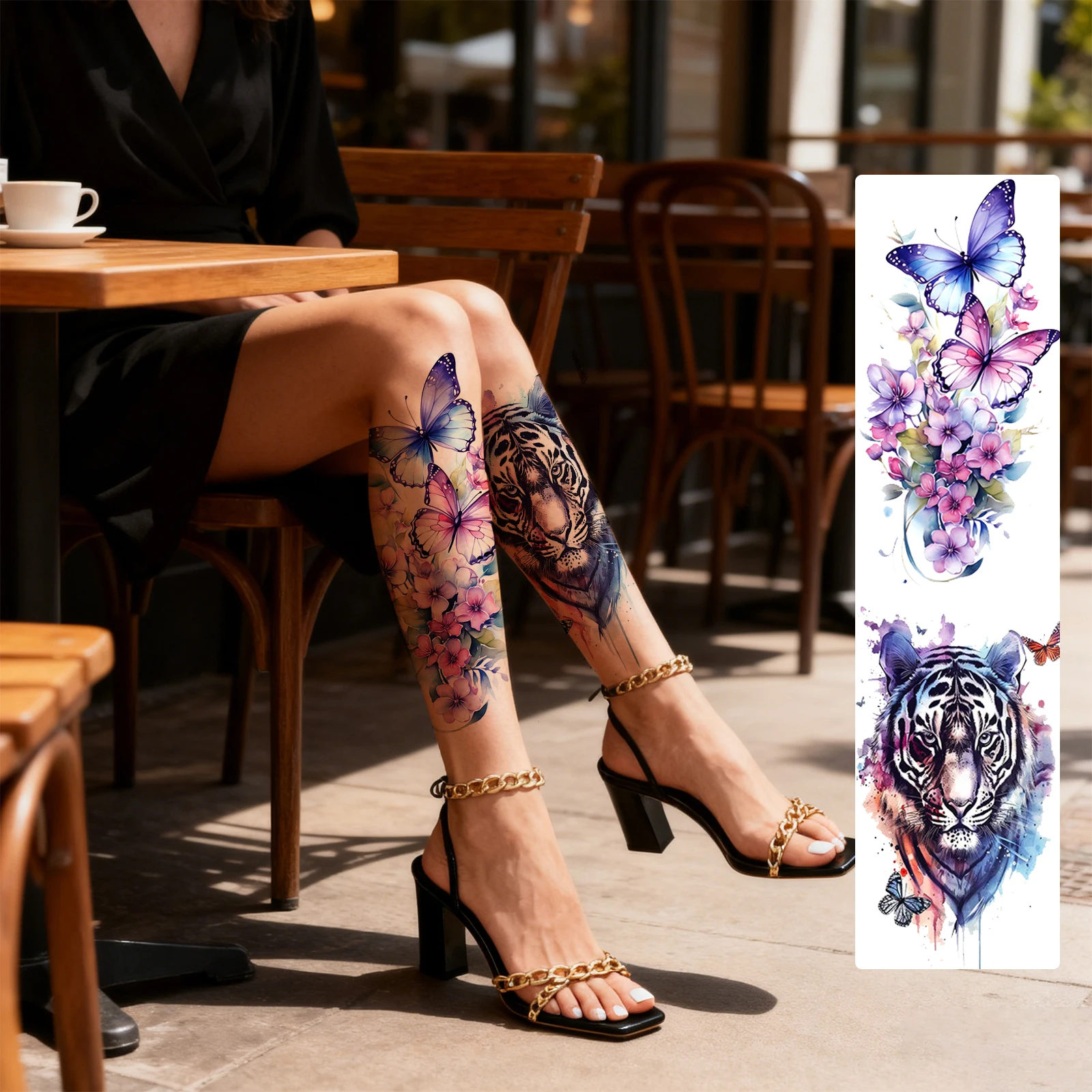 2 Sheets Colorful Butterfly Flower Tiger Temporary Tattoo Stickers, Waterproof Fake Tattoos, Suitable for Women and Men
