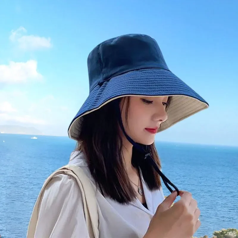 Summer Double-sided Bucket Hats Fashion Big Brim Foldable Solid Sun Hat Women Outdoor Beach Visor Caps Fisherman Cap for Travel