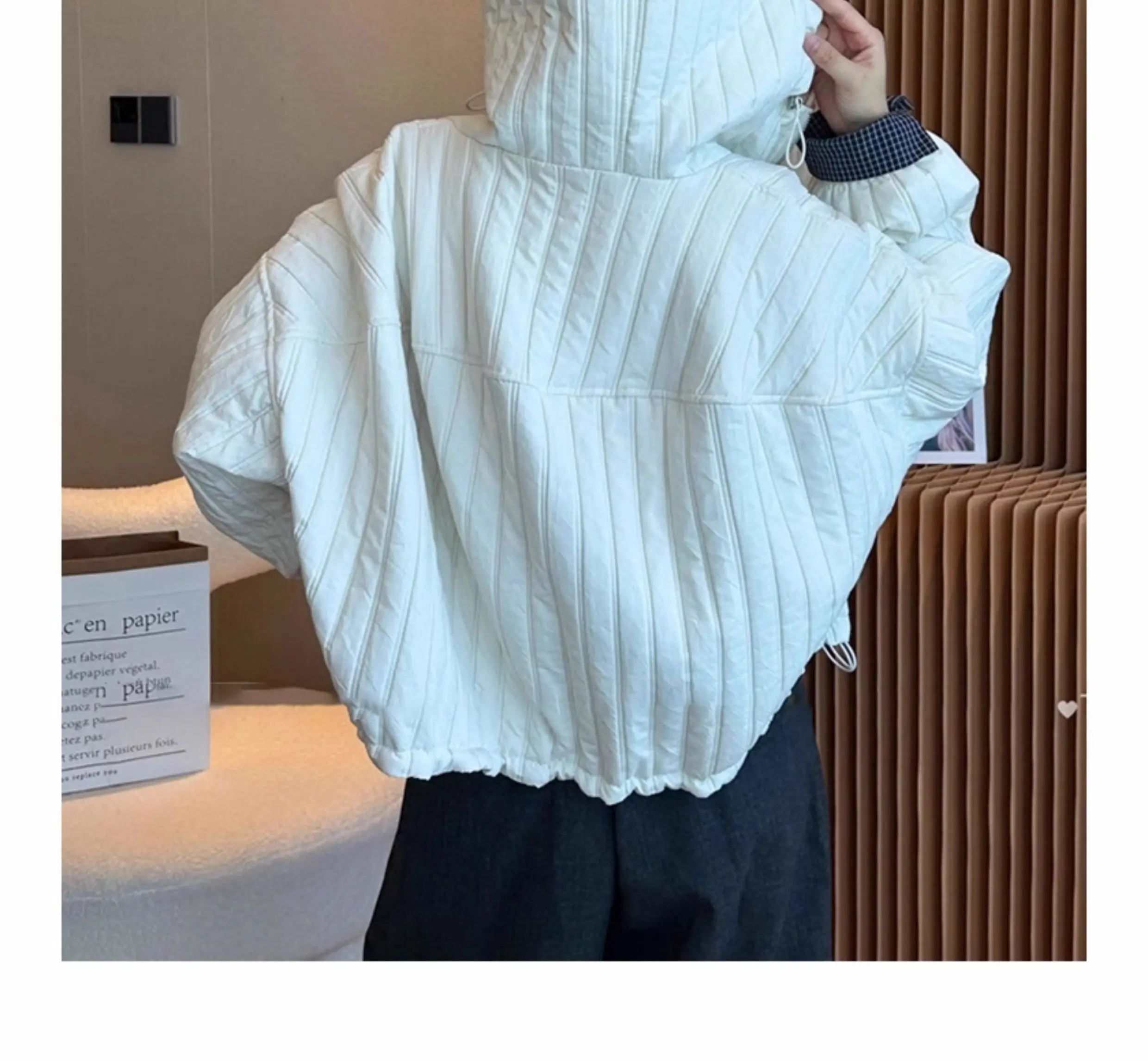 Korean Loose Hooded Plaid Patchwork Quilted Coat for Women Autumn Winter Casual Cotton Padded Jacket Women Zip Up Cropped Parkas