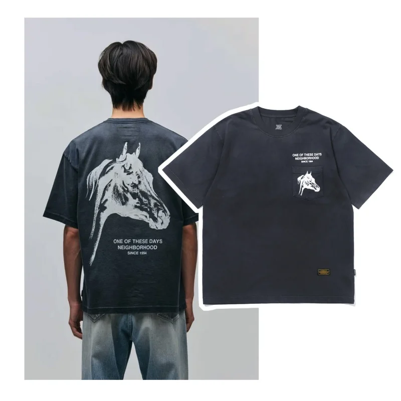 Premium Cotton Horse Graphic Pocket T-shirt Men NBHD Washed Vintage Streetwear Casual Tee