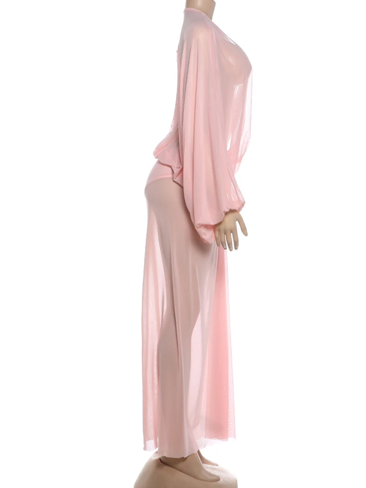 Weird Puss Sexy durchsichtiges Kleid für Damen, modisch, schlicht, mit Ausschnitten, gerafften Laternenärmeln, Patchwork-Design, elegant, für Urlaub, Party, Clubwear – Detail 4