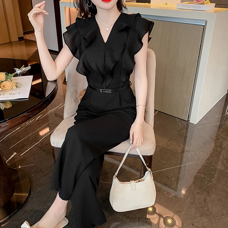 2024 New Korean Summer Ruffles Sleeveless Elegant Business Jumpsuits For Women Office OL Slim Wiast Belt Long Rompers