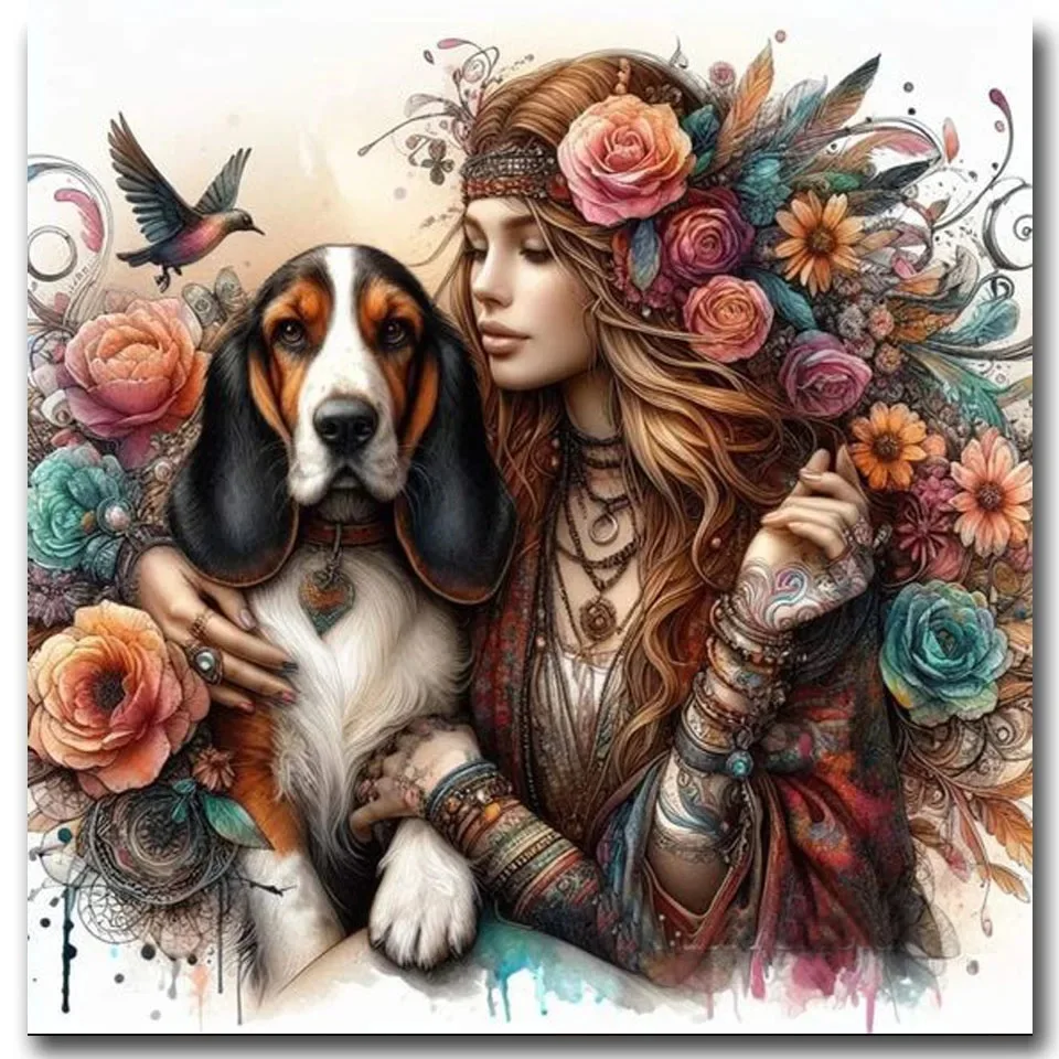 보헤미안 소녀와 애완견 DIY 다이아몬드 페인팅 키트, 풀 스퀘어 라운드 다이아몬드 자수, 수제 모자이크 홈 데코, 새로운 2024