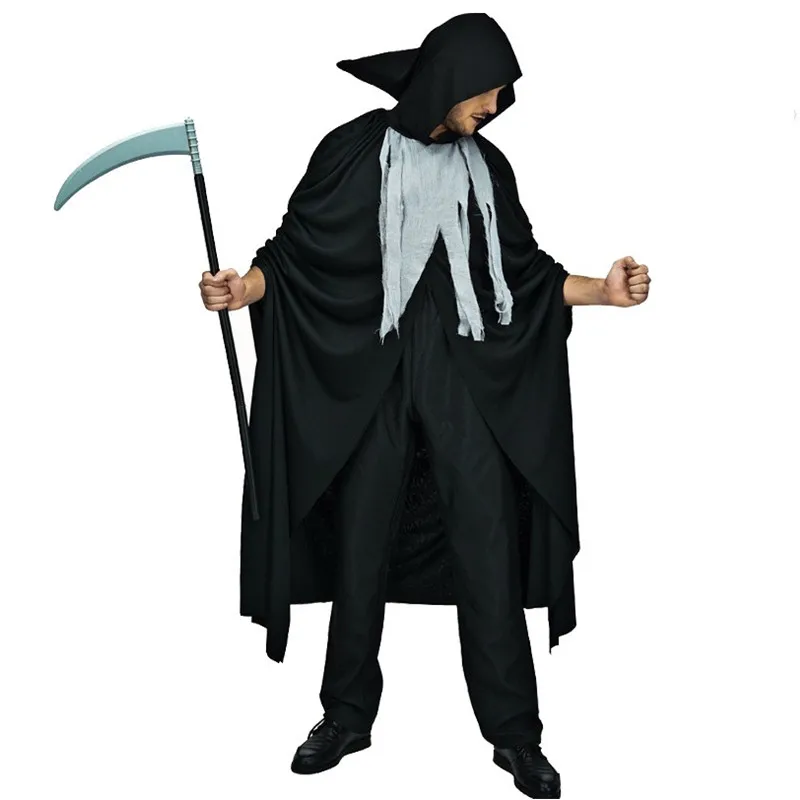 Black Halloween Men Death Costumes Adult Soul Reaper Ghost Scary Cosplay Carnival Purim Nightclub bar Role Play Show Party Dress