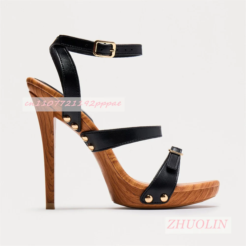 Black Metal Rivet Wood Grain Platform Stiletto Sandals Women Open Toe Ankle Buckle Strap Summer Daily Party Zapatos Mujer 35-40