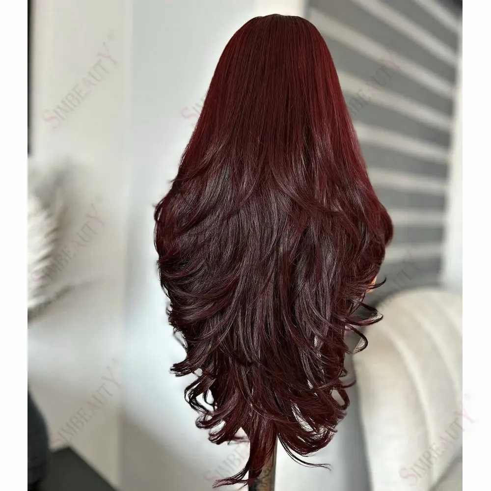 Burgunderrote, leicht gewellte, lange 28-Zoll-Perücken aus Echthaar mit Vollspitze für Damen, 13x3/13x6 Lace-Front-Perücken, vorgezupfte, natürliche Haarlinie – Detail 4